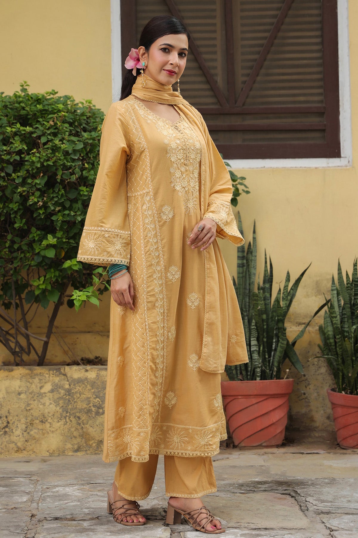 Mustard Beige Mul Cotton Embroidered A-Line Suit Set With Dupatta