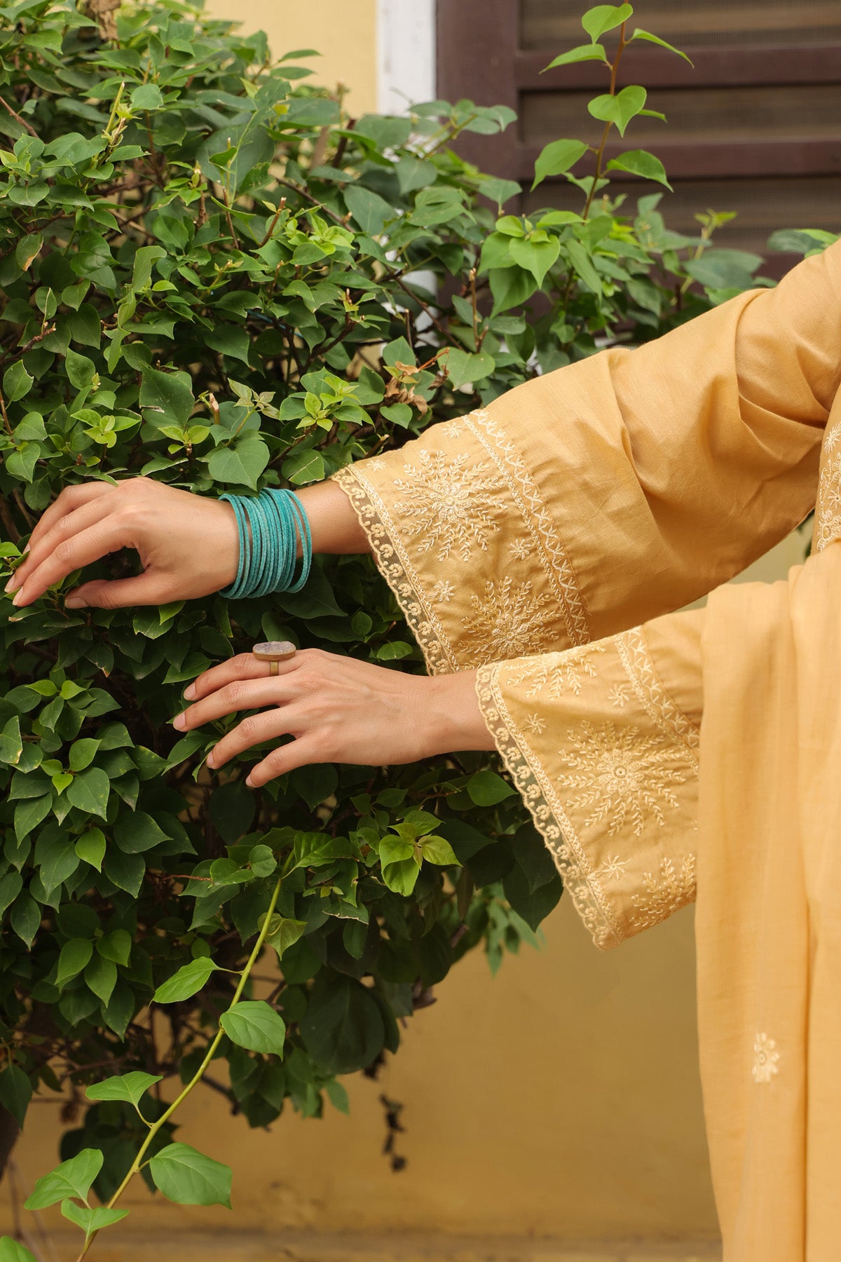 Mustard Beige Mul Cotton Embroidered A-Line Suit Set With Dupatta