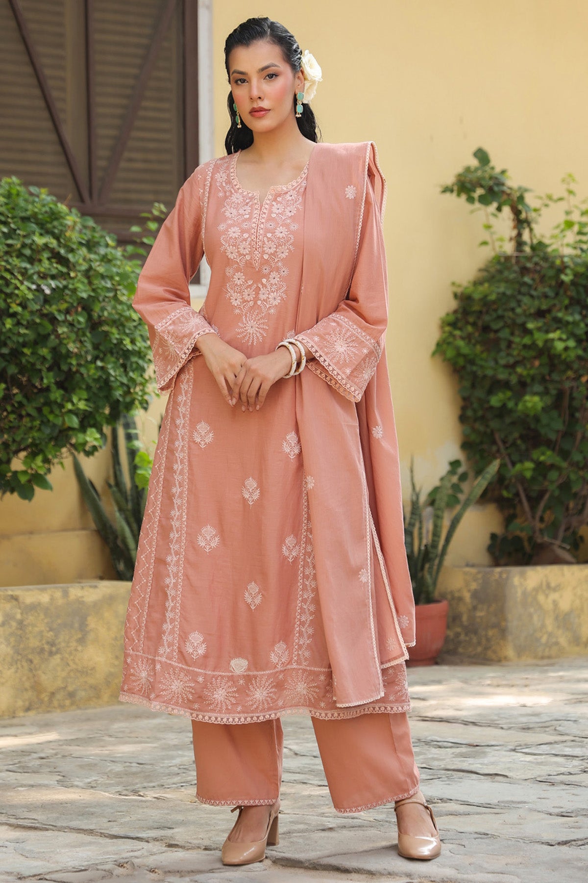 Dusty Peach Mul Cotton Embroidered A-Line Suit Set With Dupatta