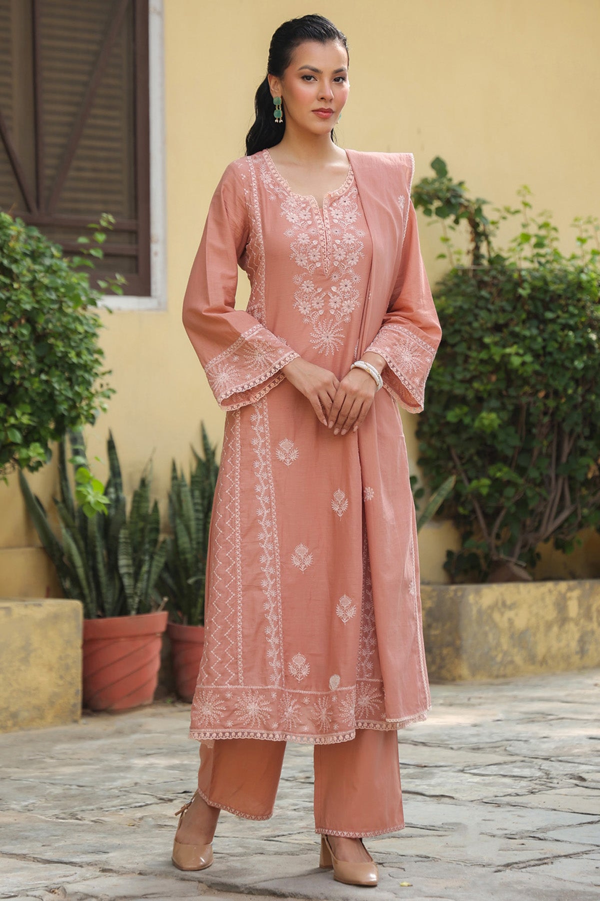 Dusty Peach Mul Cotton Embroidered A-Line Suit Set With Dupatta