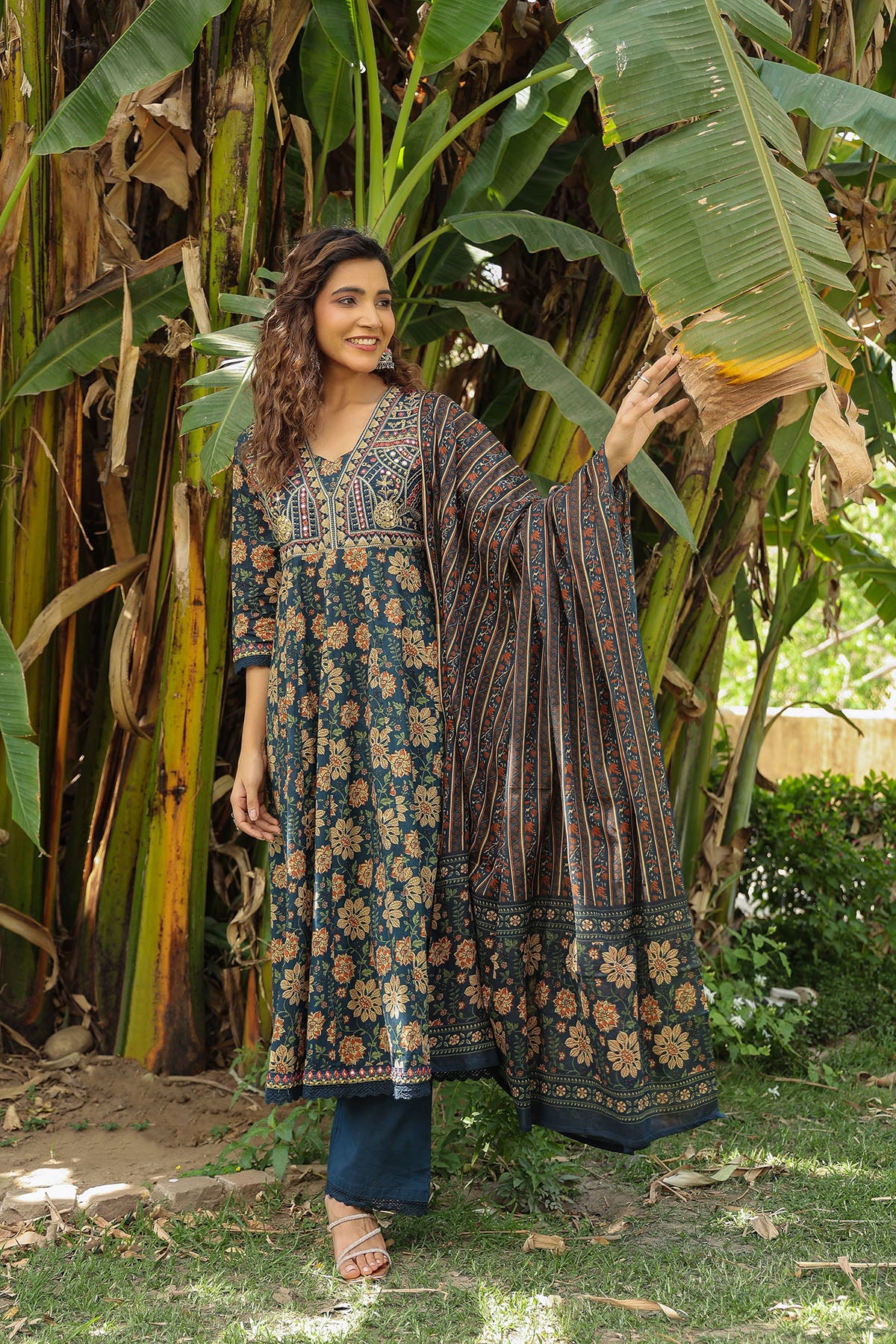 Navy Blue Floral Embroidered Anarkali Suit