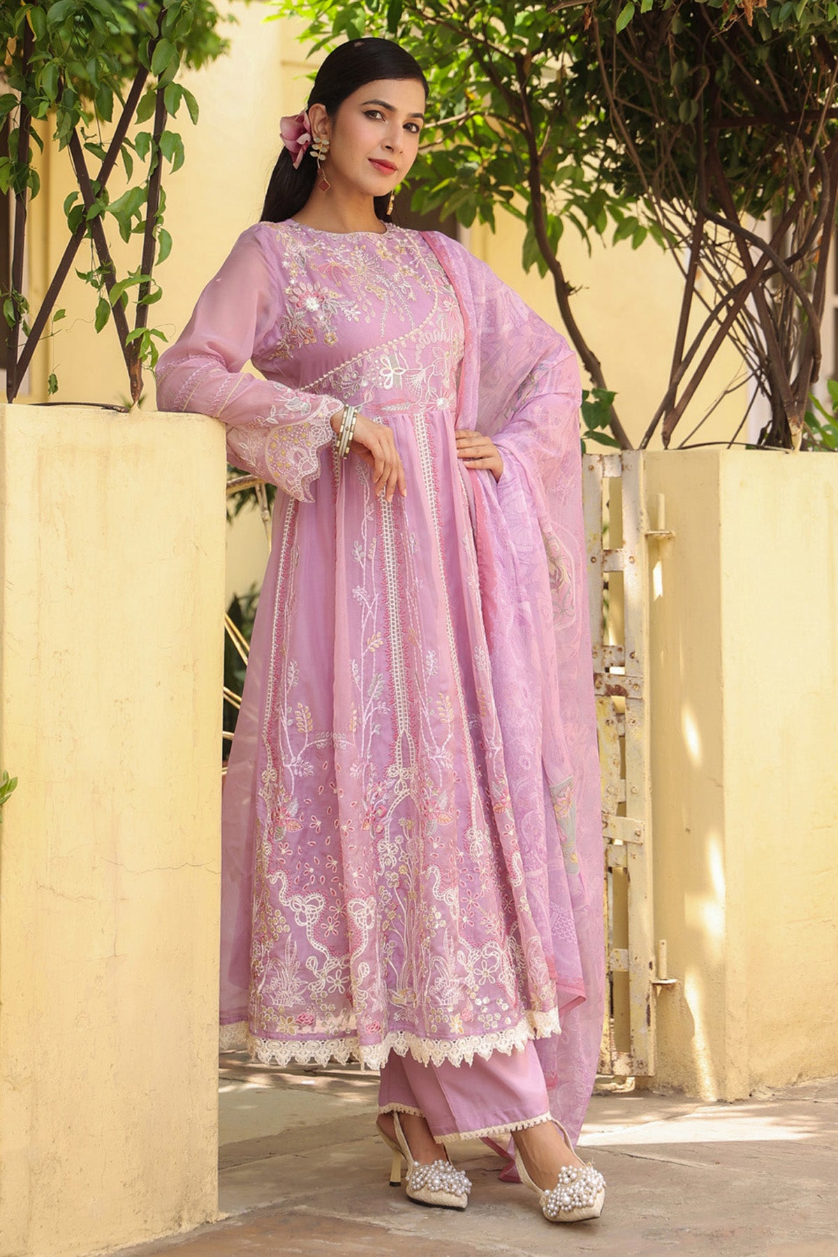 Lavender Pink Organza Embroidered Anarkali Suit Set With Dupatta