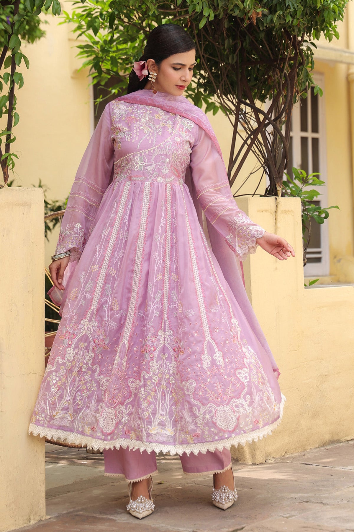 Lavender Pink Organza Embroidered Anarkali Suit Set With Dupatta