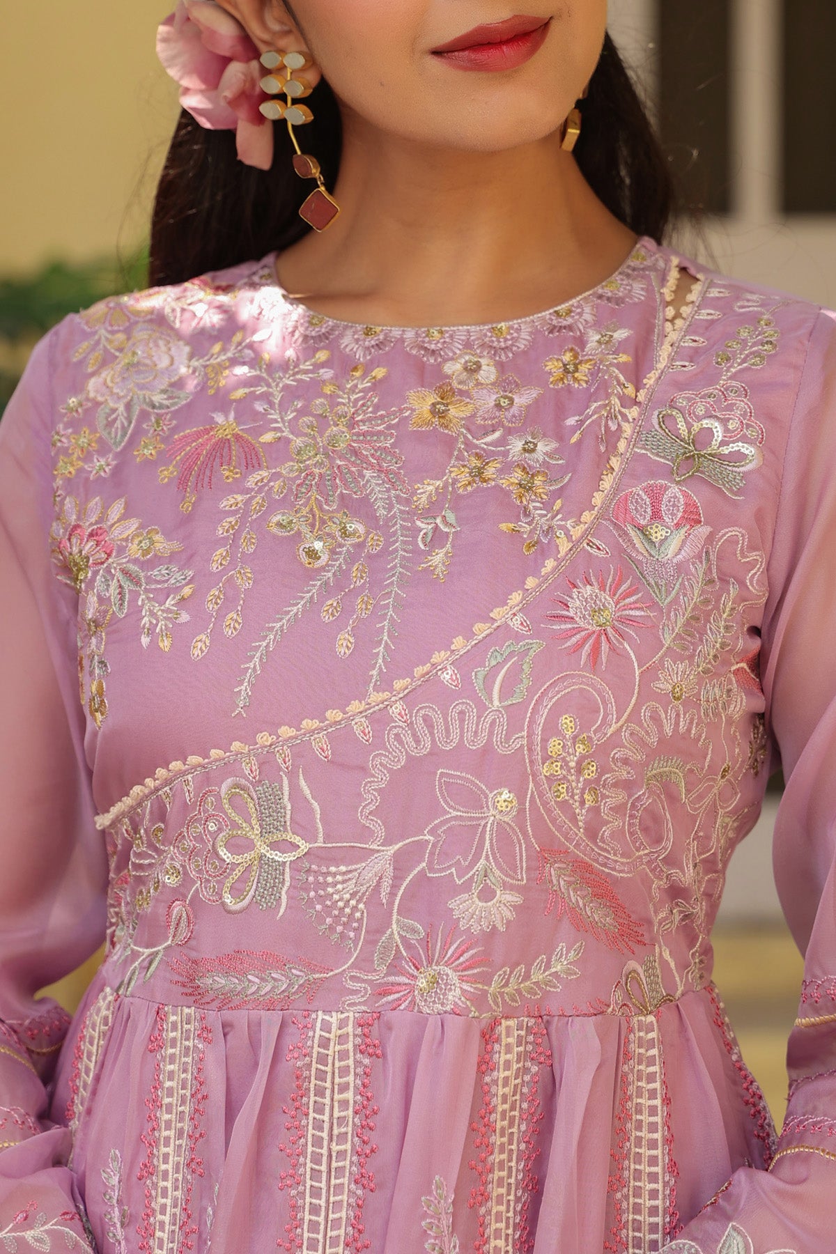 Lavender Pink Organza Embroidered Anarkali Suit Set With Dupatta