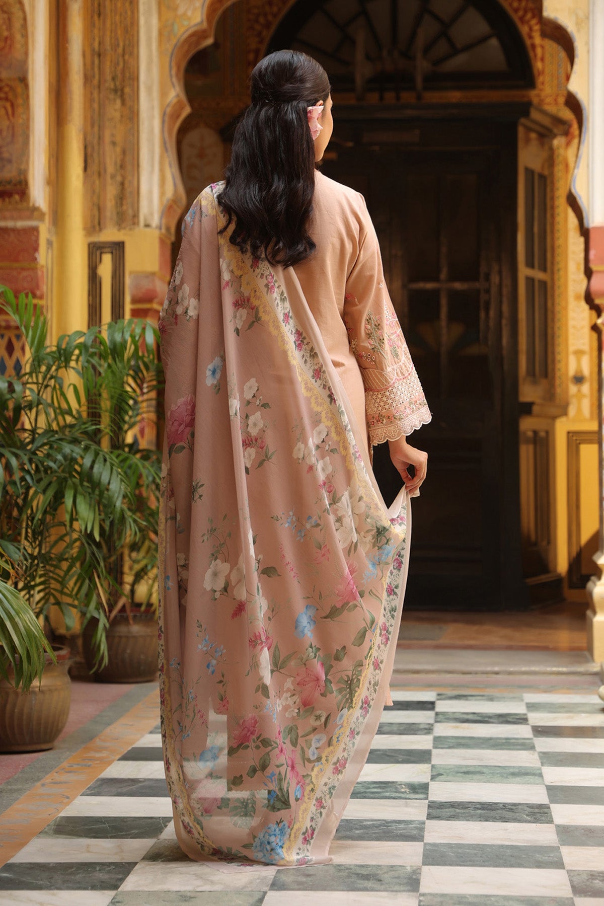 Dusty Peach Cotton Embroidered Straight Suit Set With Dupatta