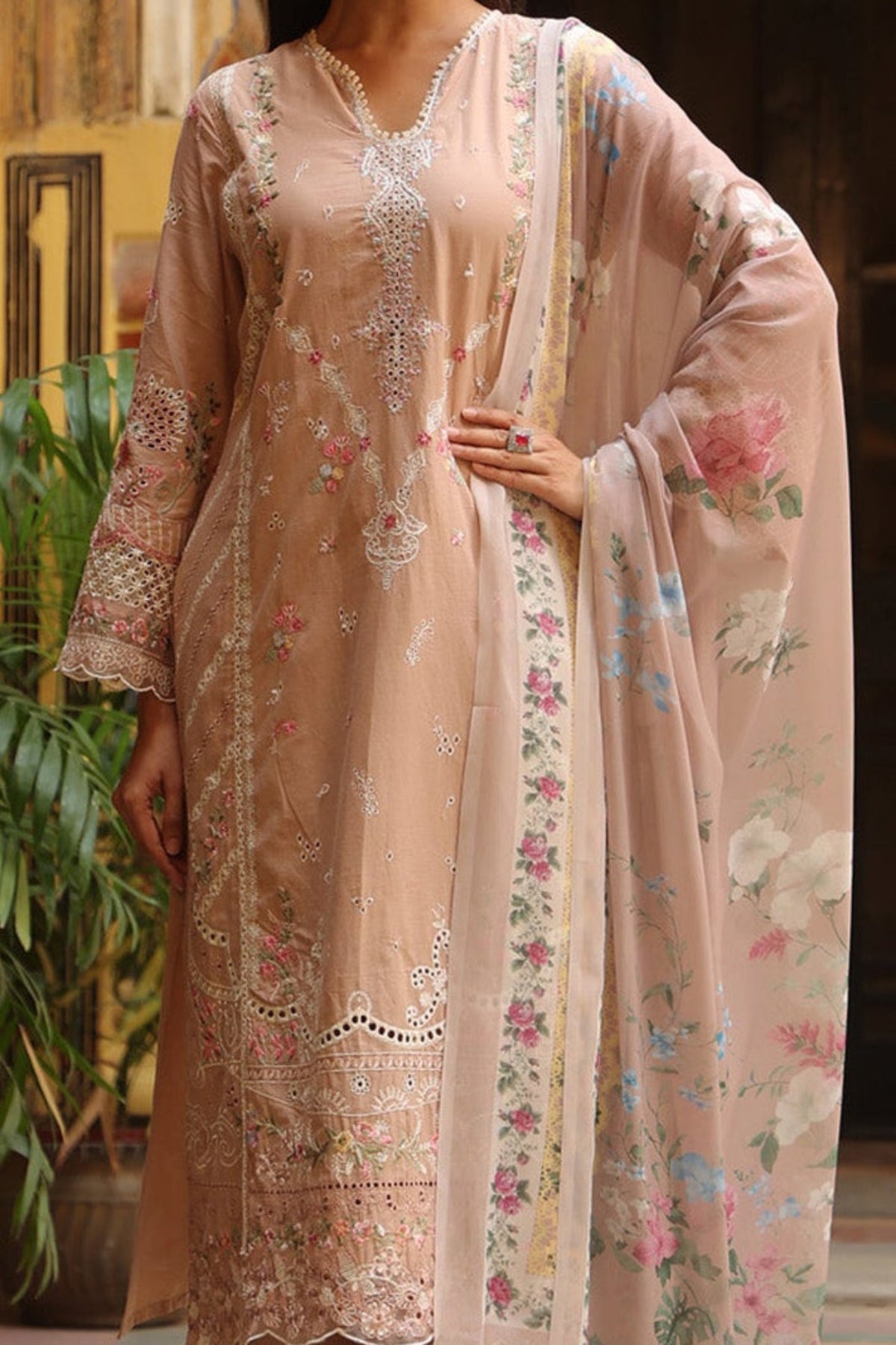 Dusty Peach Cotton Embroidered Straight Suit Set With Dupatta