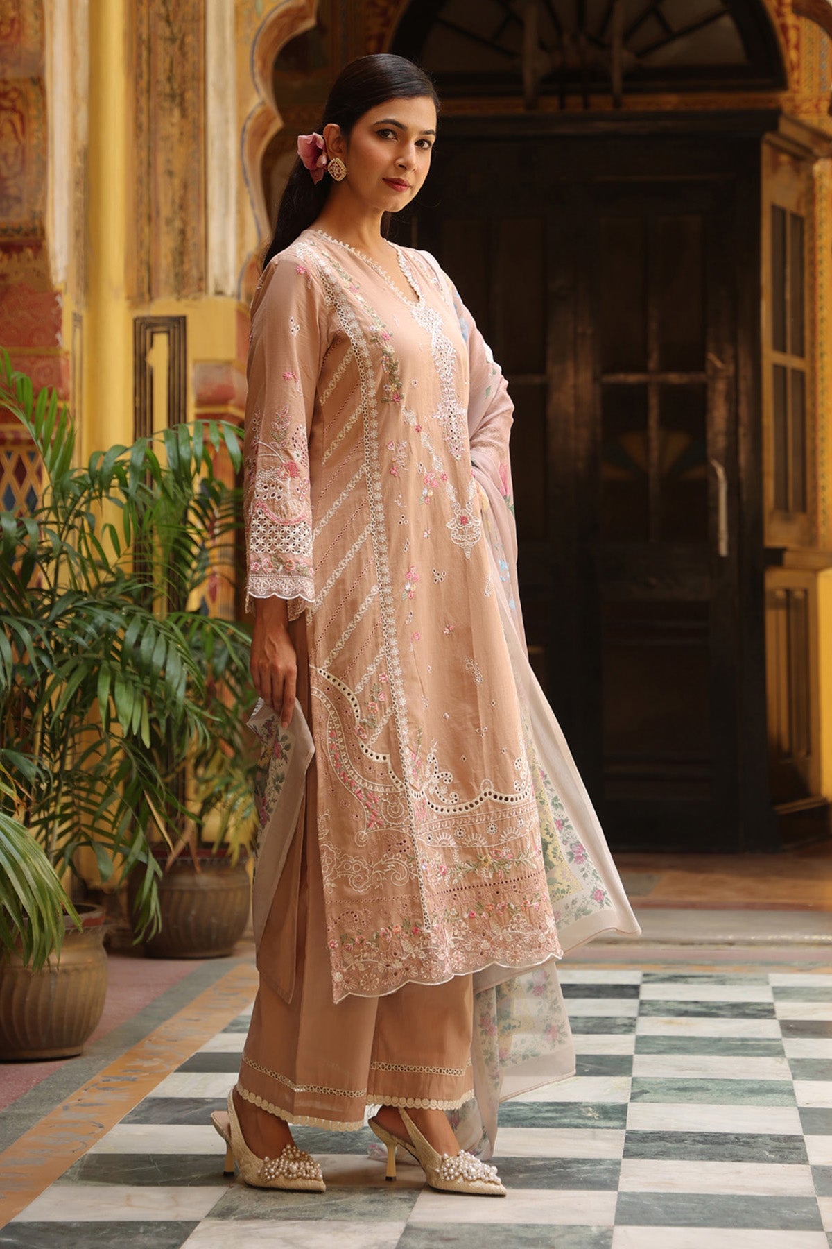 Dusty Peach Cotton Embroidered Straight Suit Set With Dupatta