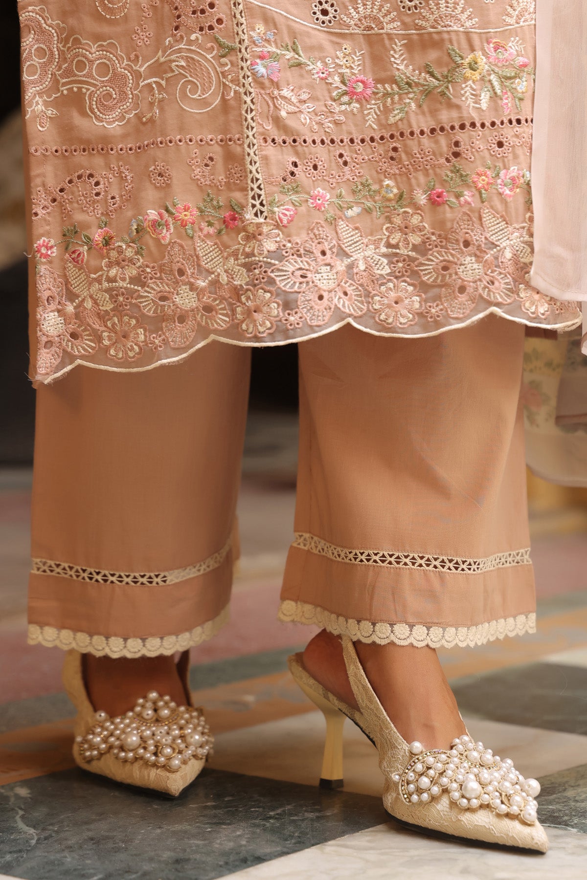 Dusty Peach Cotton Embroidered Straight Suit Set With Dupatta