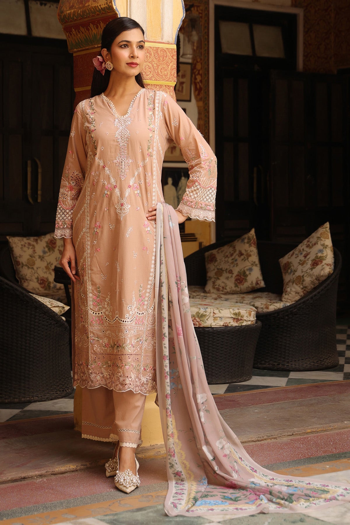 Dusty Peach Cotton Embroidered Straight Suit Set With Dupatta