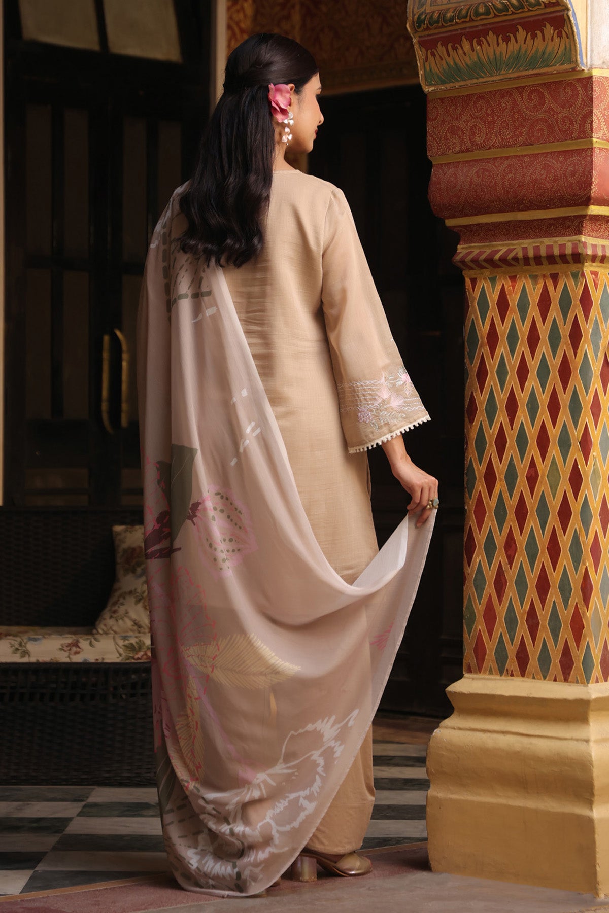 Beige Mul Chanderi Embroidered Farshi Suit Set With Dupatta