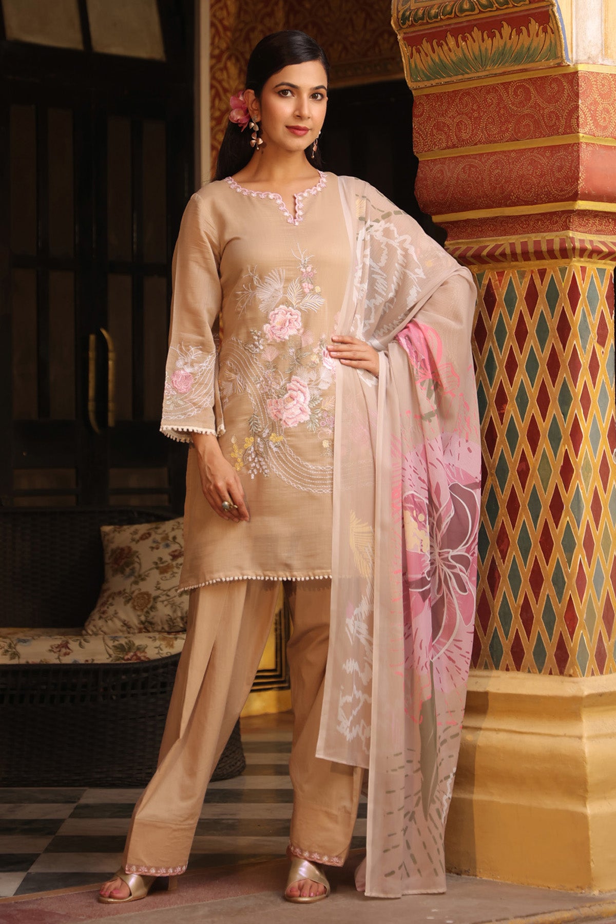 Beige Mul Chanderi Embroidered Farshi Suit Set With Dupatta