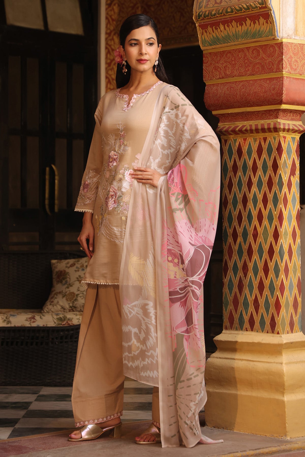Beige Mul Chanderi Embroidered Farshi Suit Set With Dupatta