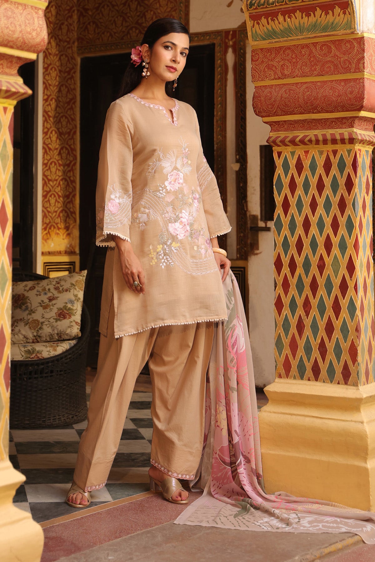 Beige Mul Chanderi Embroidered Farshi Suit Set With Dupatta