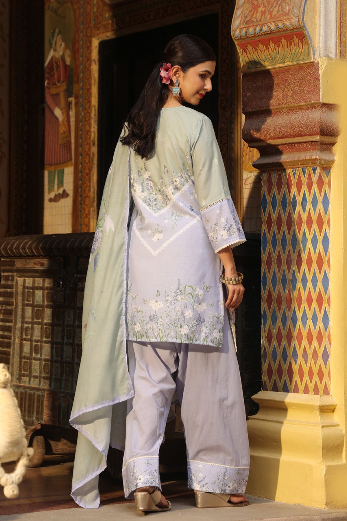 Lavender Cotton Embroidered Farshi Suit Set With Dupatta