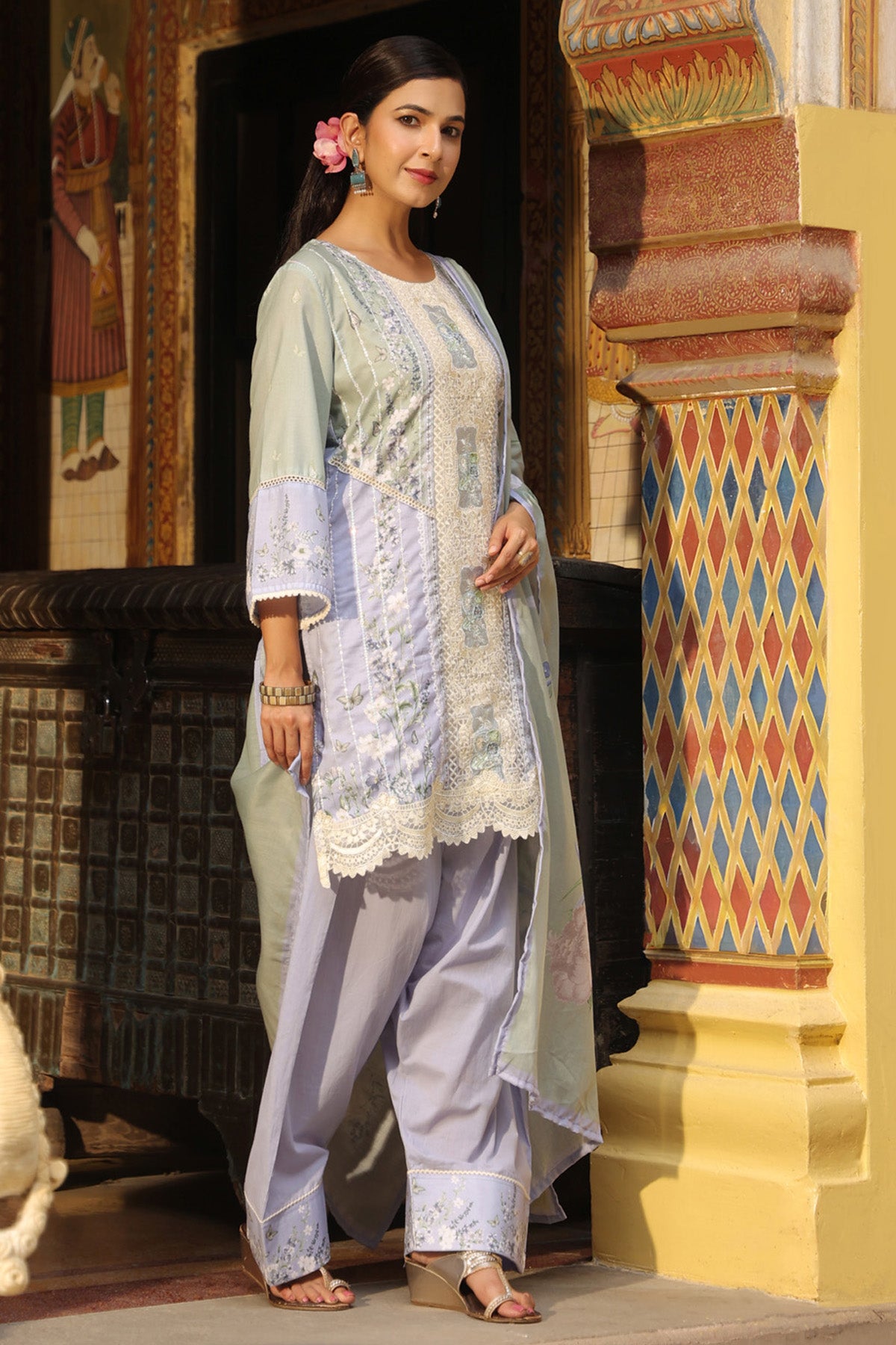 Lavender Cotton Embroidered Farshi Suit Set With Dupatta