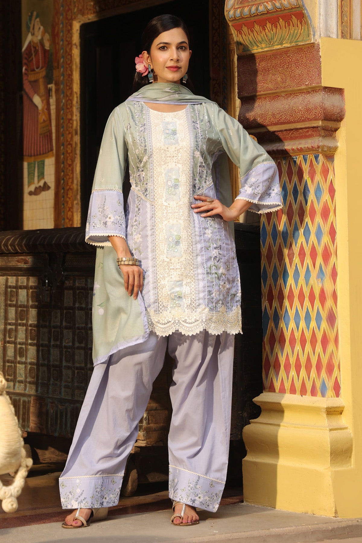 Lavender Cotton Embroidered Farshi Suit Set With Dupatta