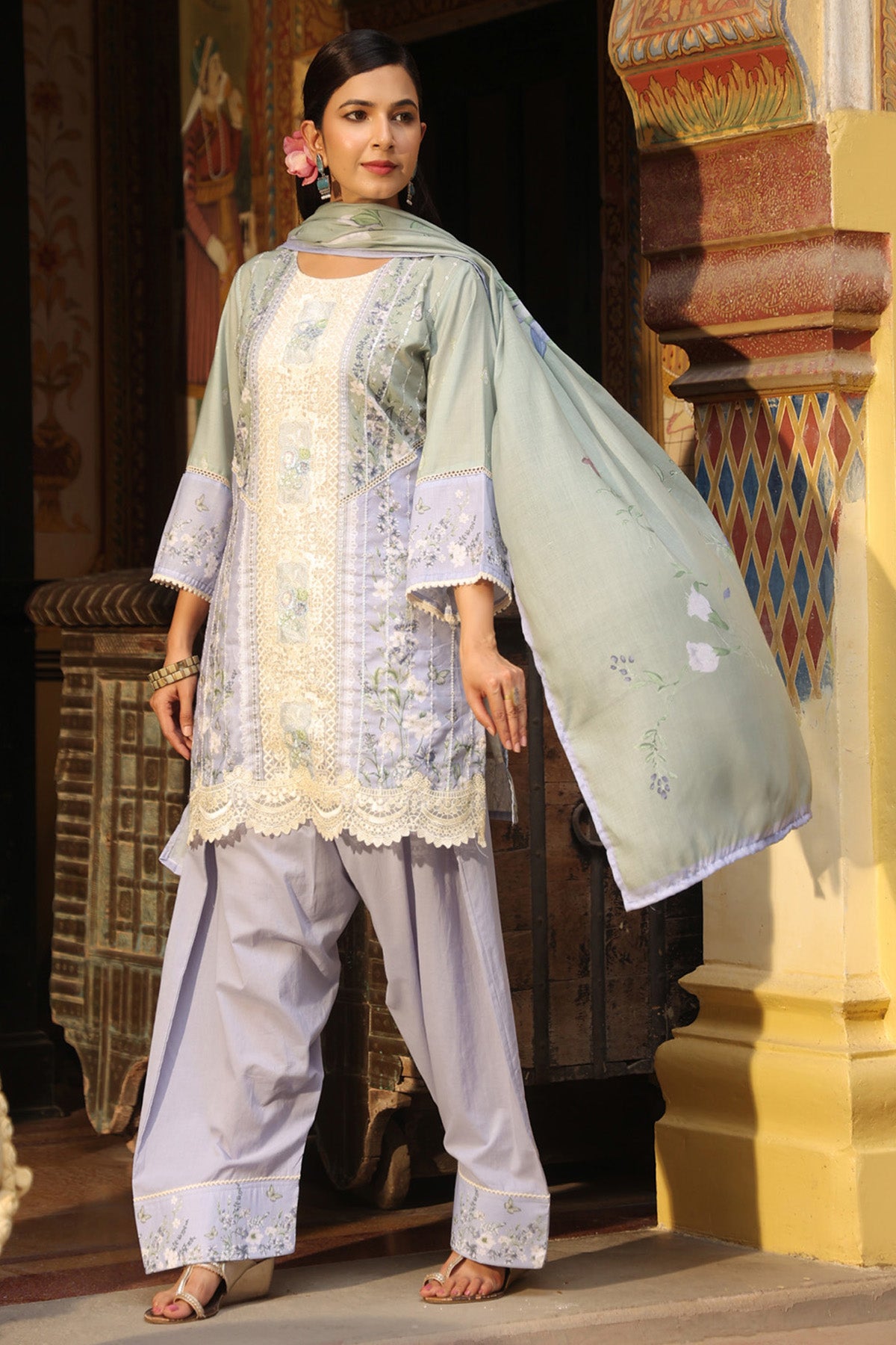 Lavender Cotton Embroidered Farshi Suit Set With Dupatta