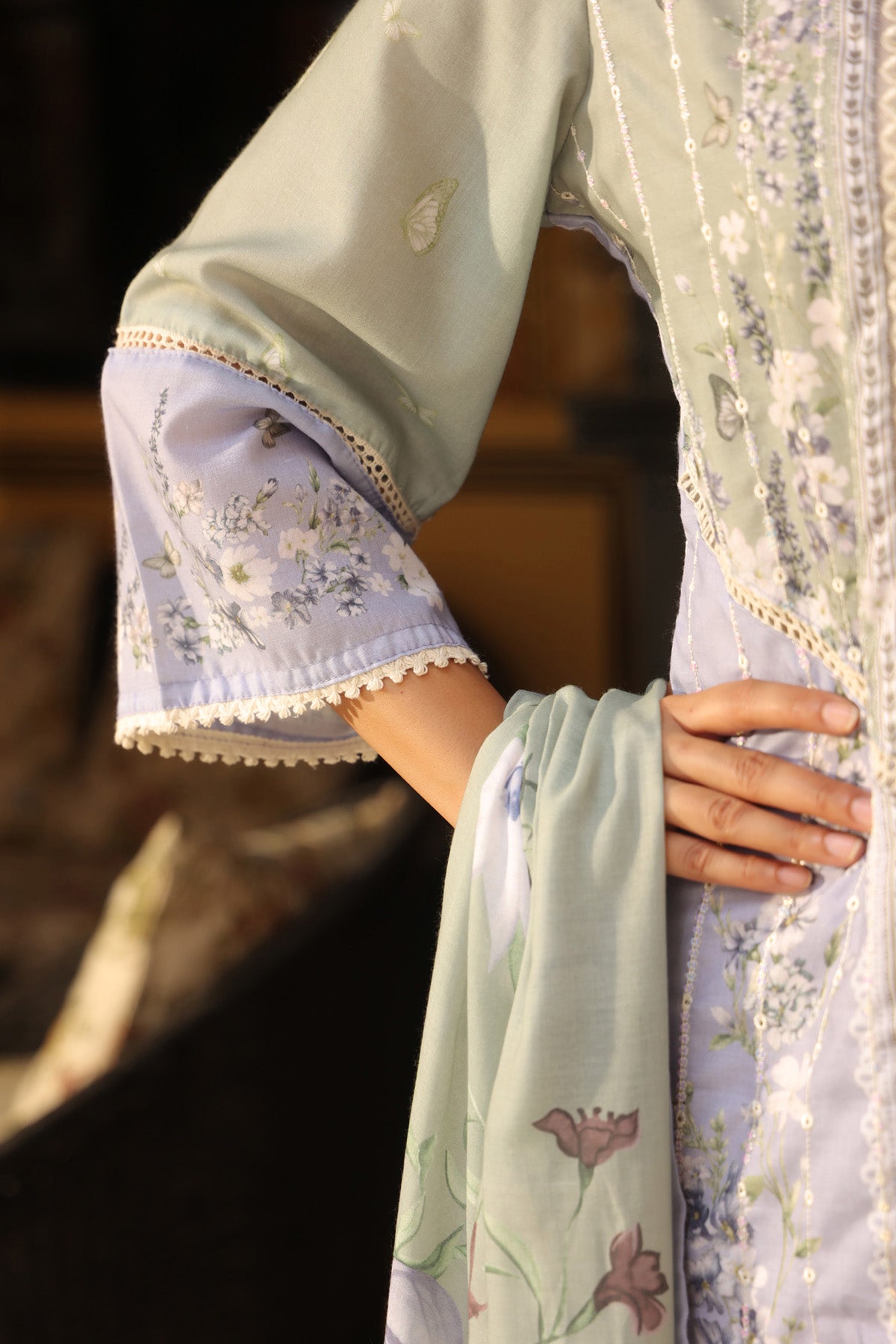 Lavender Cotton Embroidered Farshi Suit Set With Dupatta