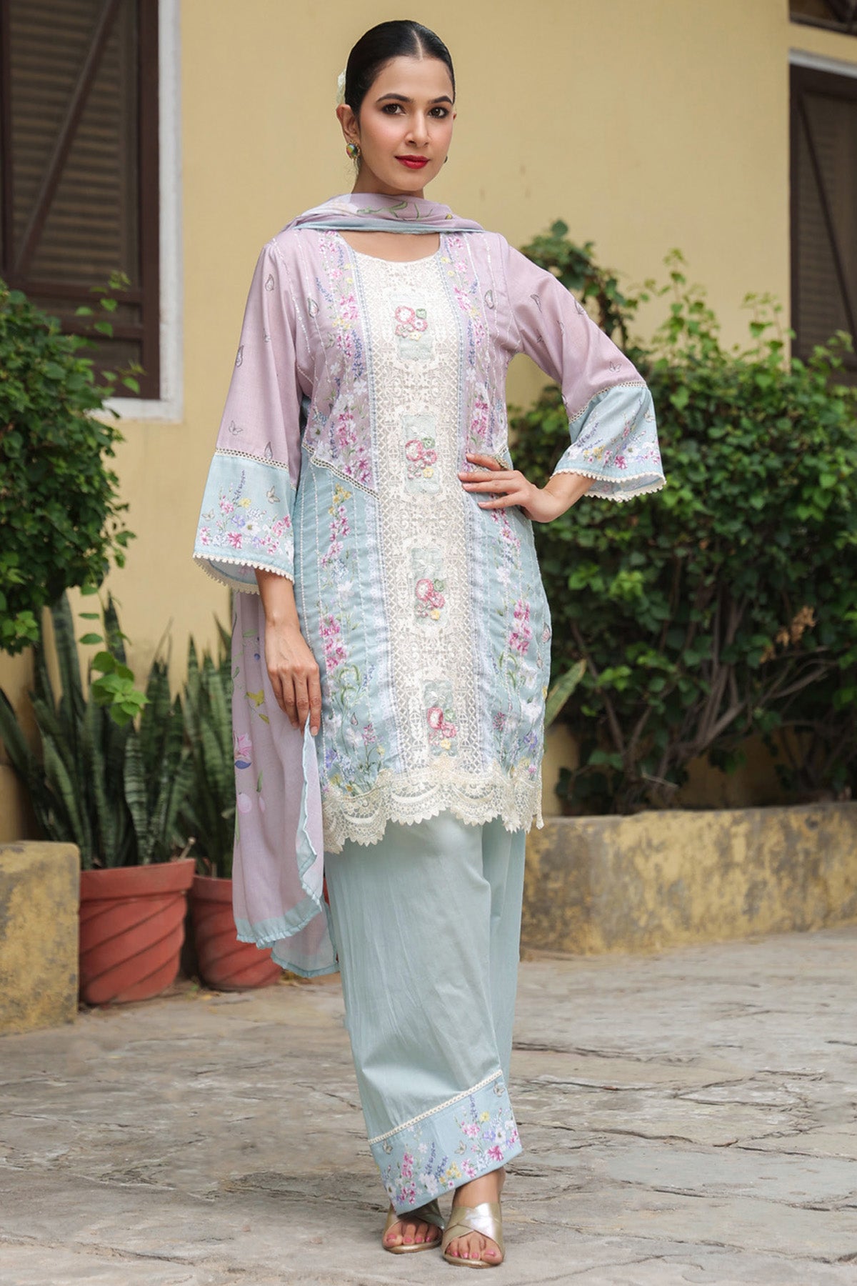 Powder Blue Cotton Embroidered Farshi Suit Set With Dupatta