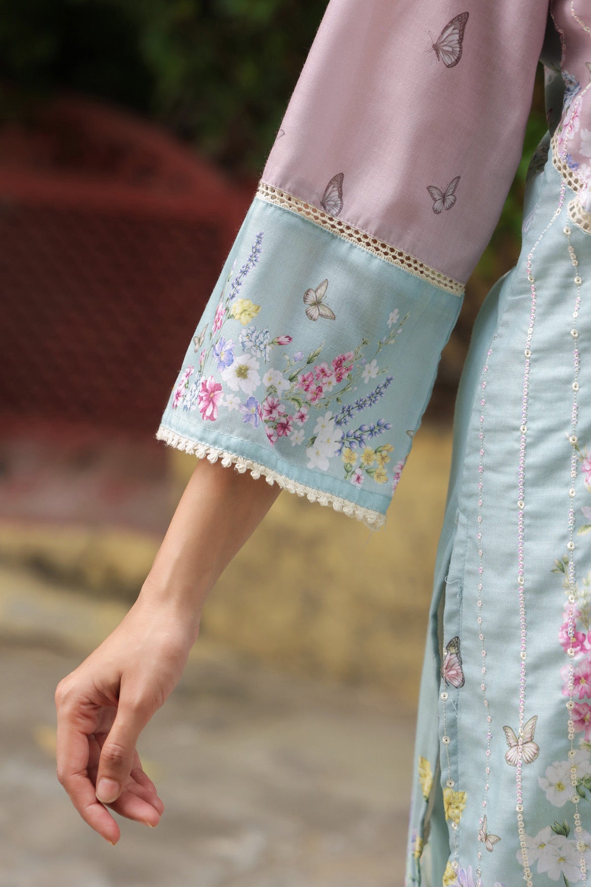 Powder Blue Cotton Embroidered Farshi Suit Set With Dupatta