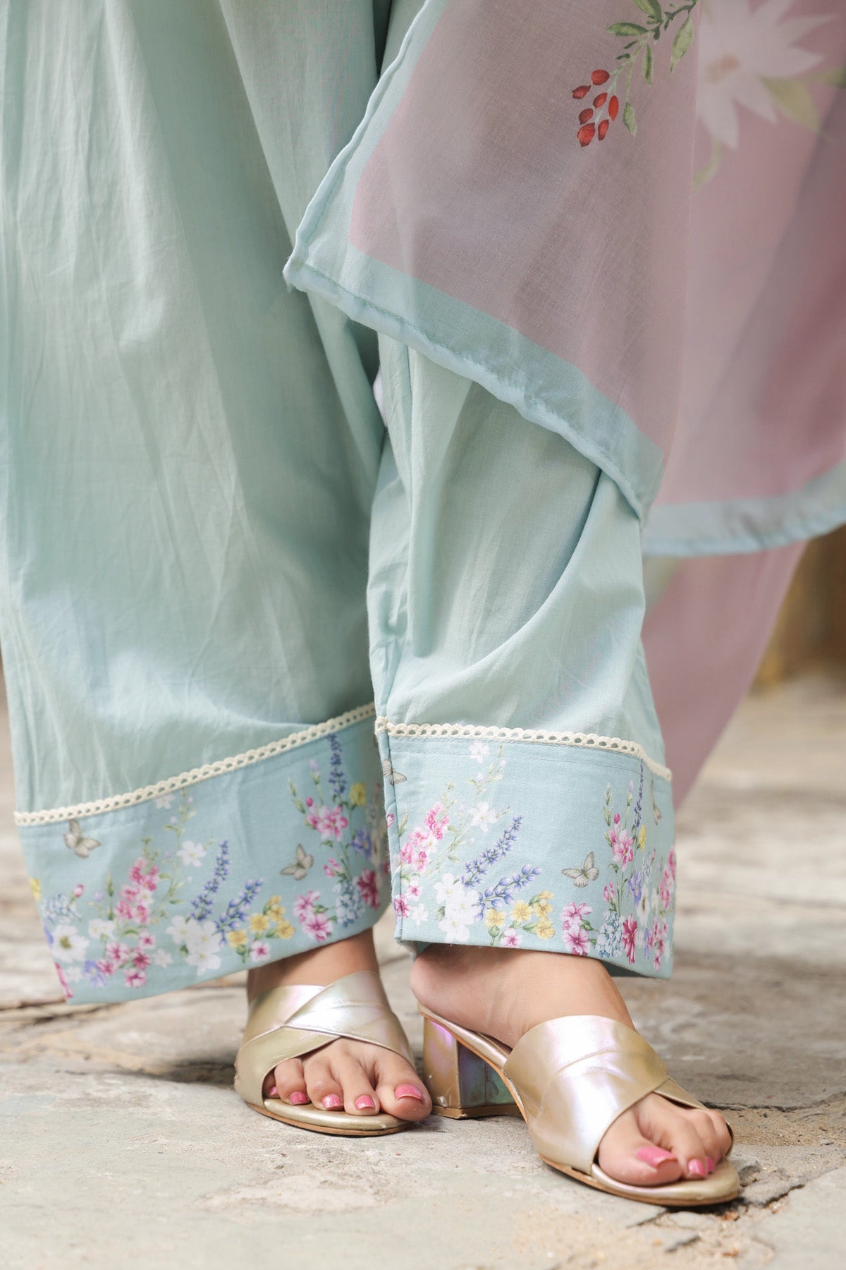 Powder Blue Cotton Embroidered Farshi Suit Set With Dupatta