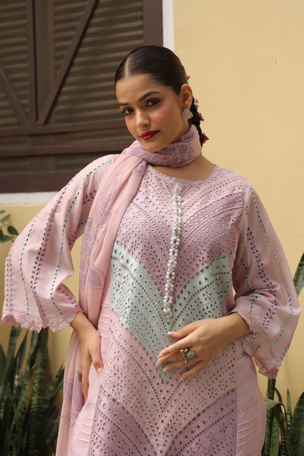 Pink Cotton Handwork Straight Pakistani Suit Set