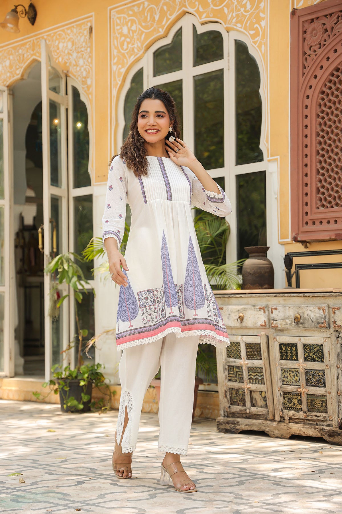 White & Purple Cotton Printed Co-Ord Set