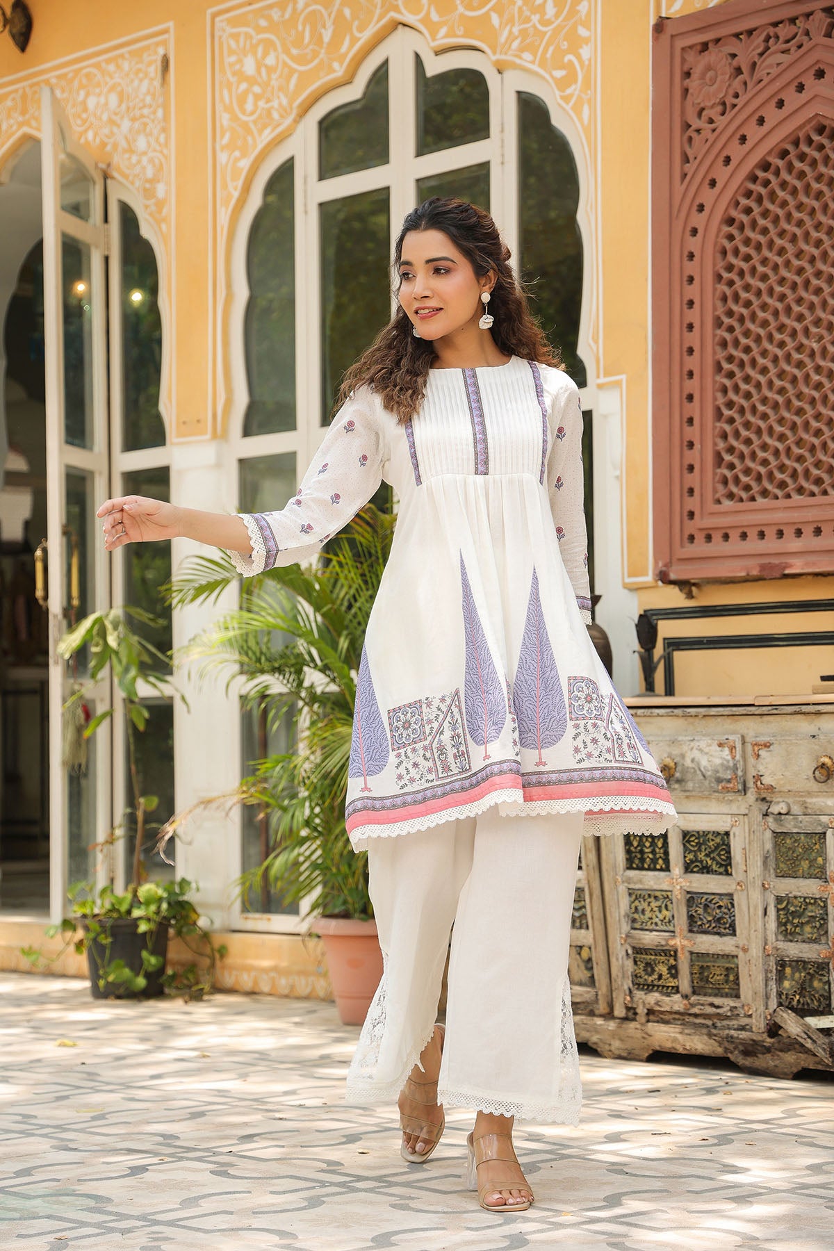 White & Purple Cotton Printed Co-Ord Set