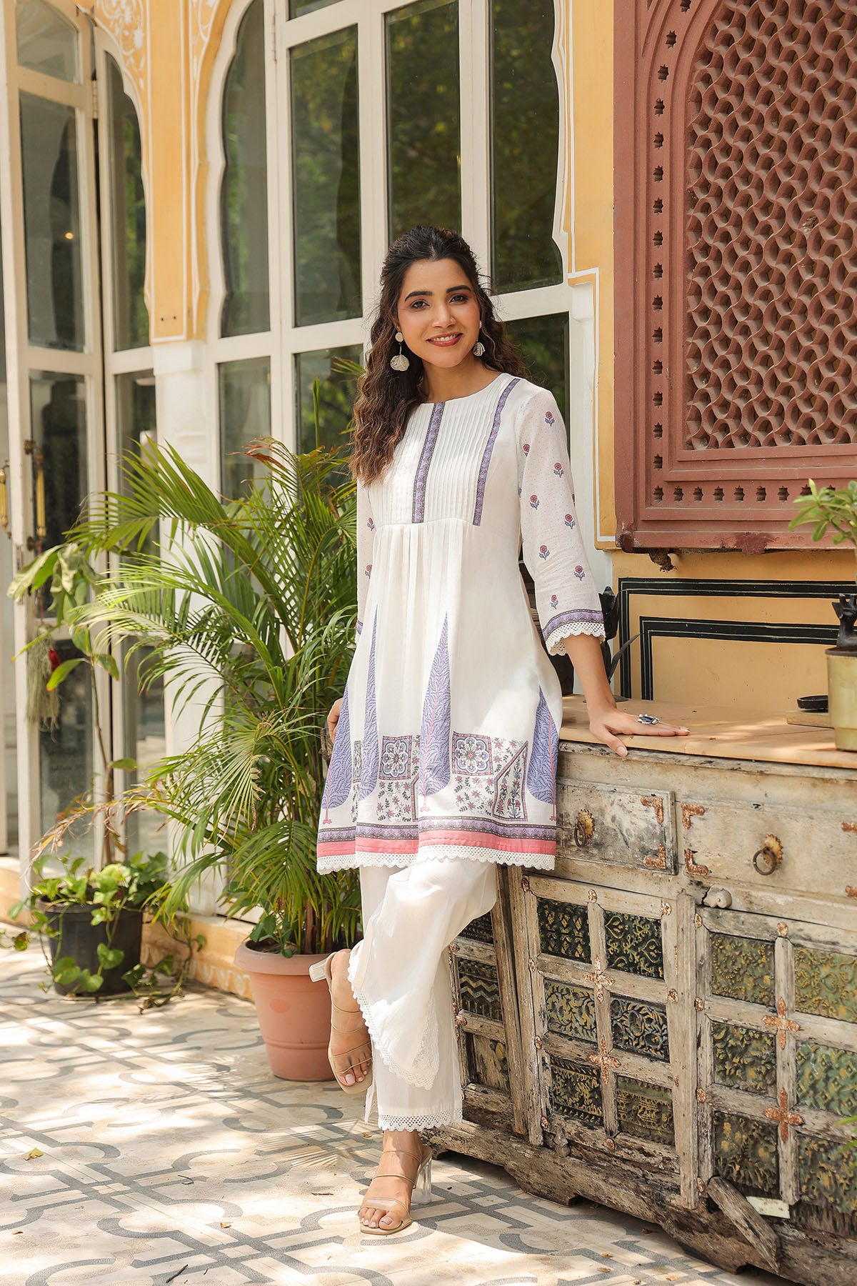 White & Purple Cotton Printed Co-Ord Set