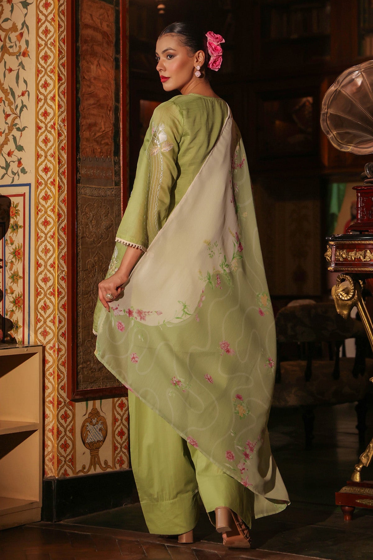 Sage Green Mul Chanderi Embroidered Farshi Suit Set With Dupatta