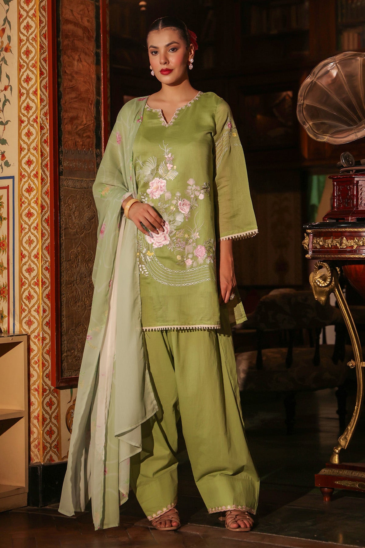 Sage Green Mul Chanderi Embroidered Farshi Suit Set With Dupatta