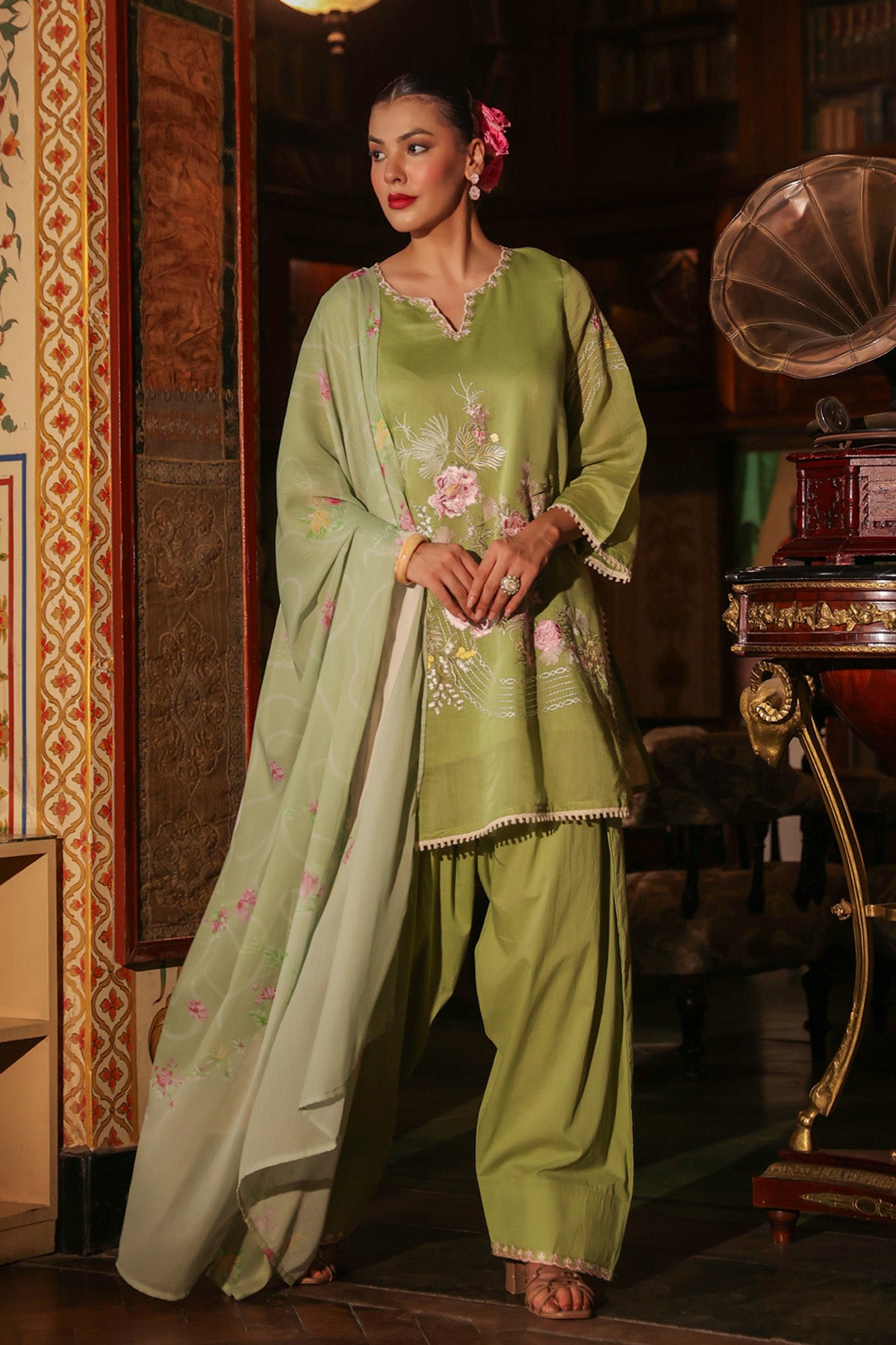 Sage Green Mul Chanderi Embroidered Farshi Suit Set With Dupatta