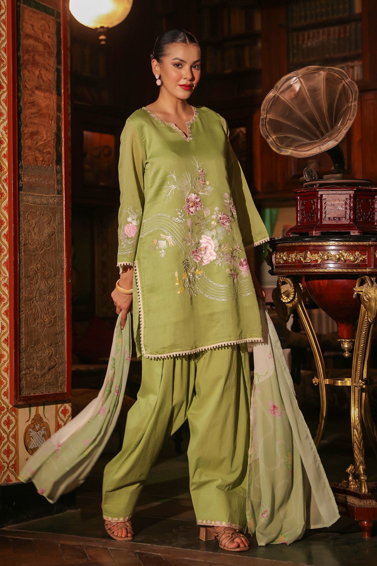 Sage Green Mul Chanderi Embroidered Farshi Suit Set With Dupatta