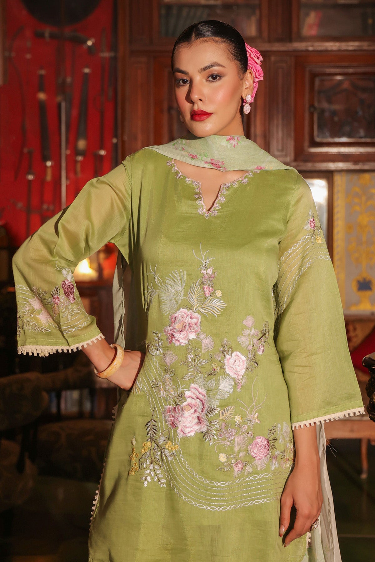 Sage Green Mul Chanderi Embroidered Farshi Suit Set With Dupatta