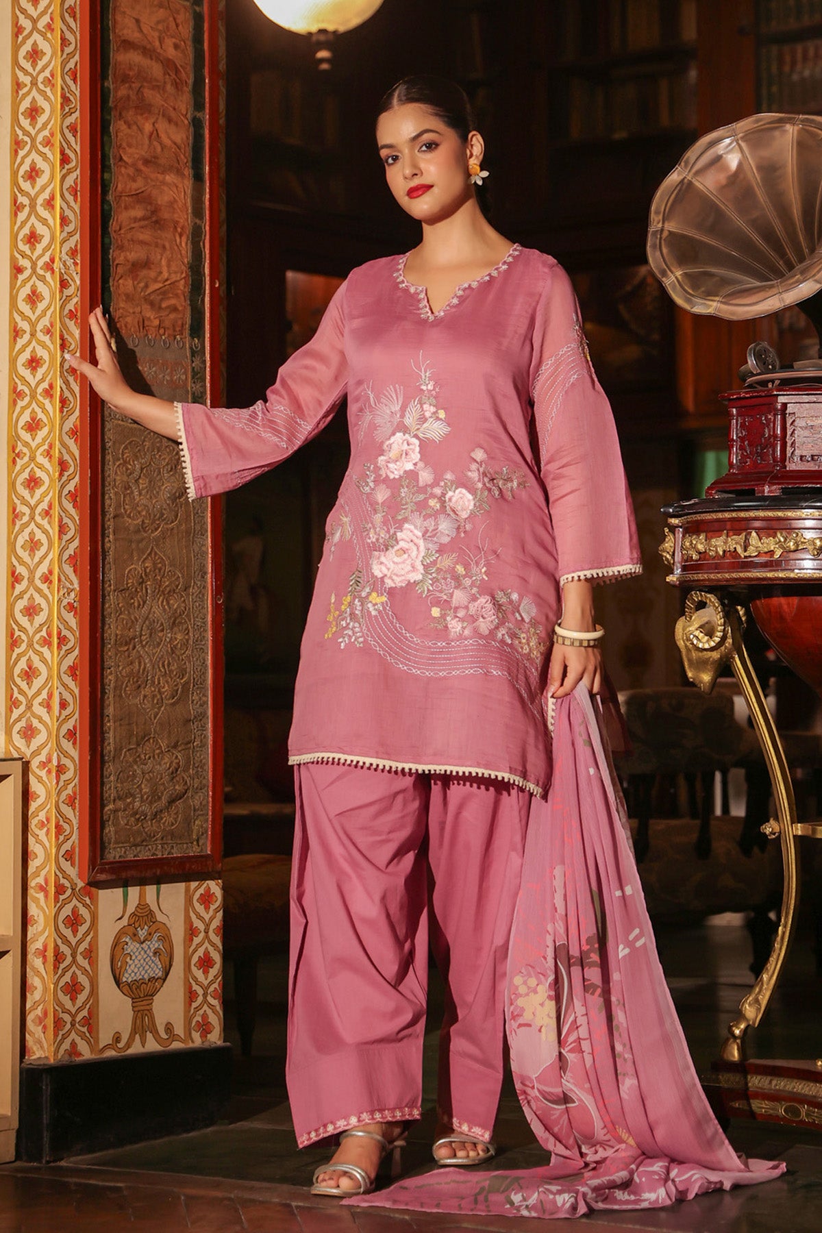 Rose Pink Mul Chanderi Embroidered Farshi Suit Set With Dupatta