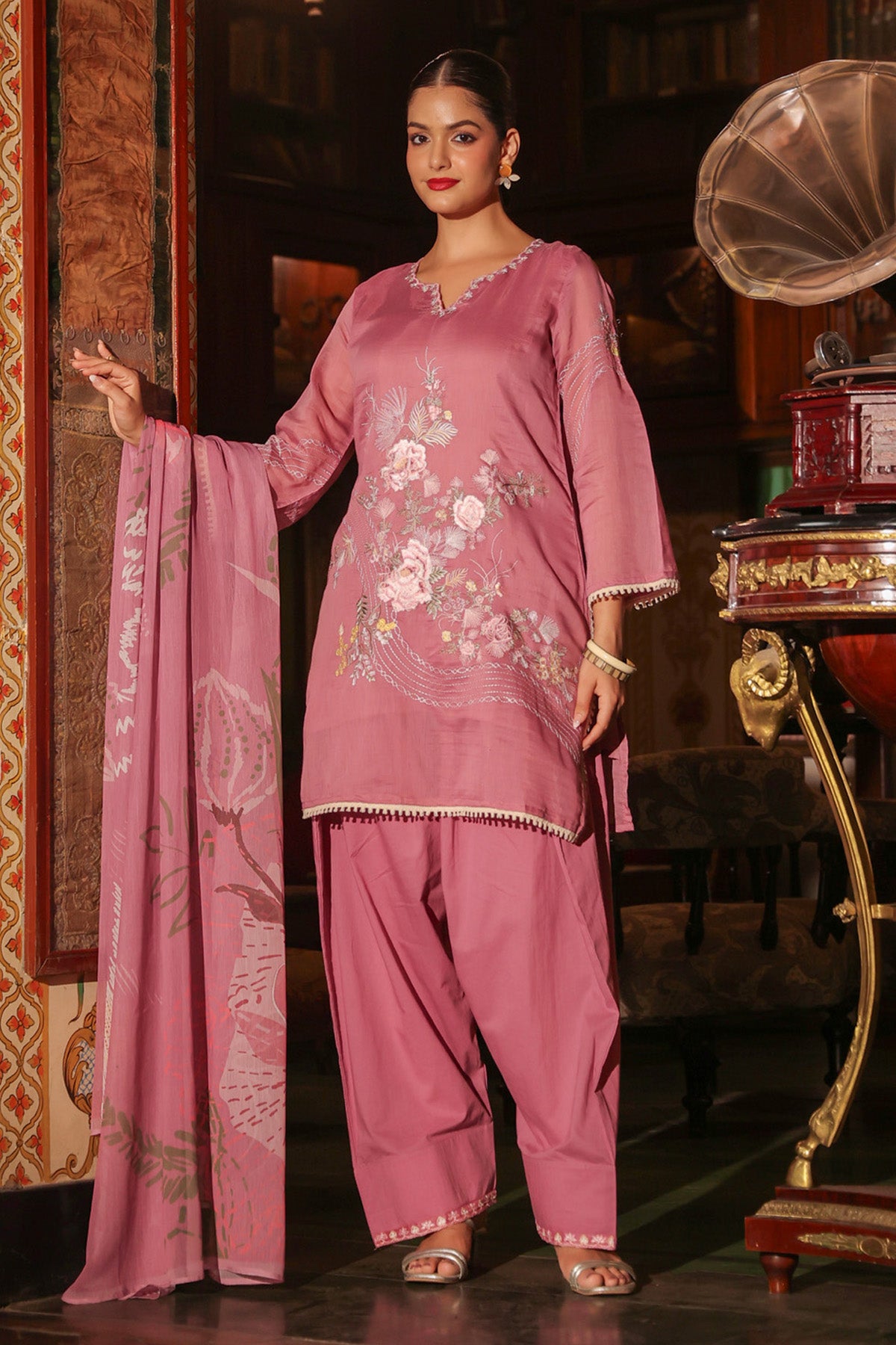 Rose Pink Mul Chanderi Embroidered Farshi Suit Set With Dupatta