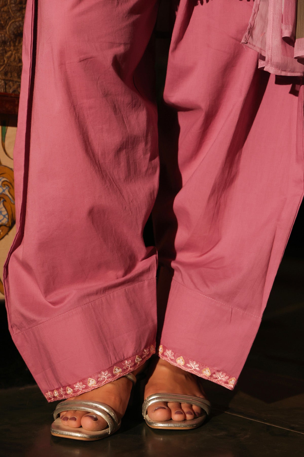 Rose Pink Mul Chanderi Embroidered Farshi Suit Set With Dupatta