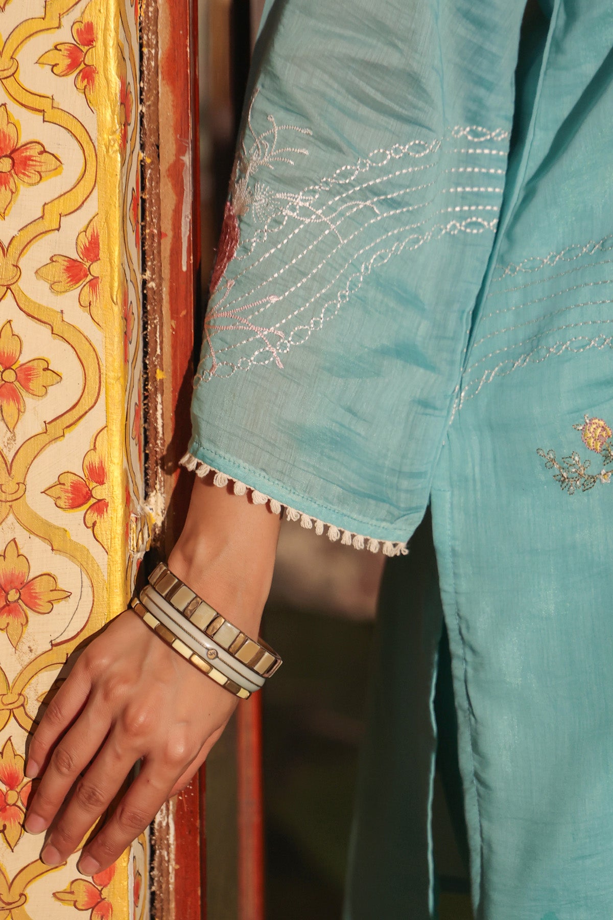 Teal Blue Mul Chanderi Embroidered Farshi Suit Set With Dupatta