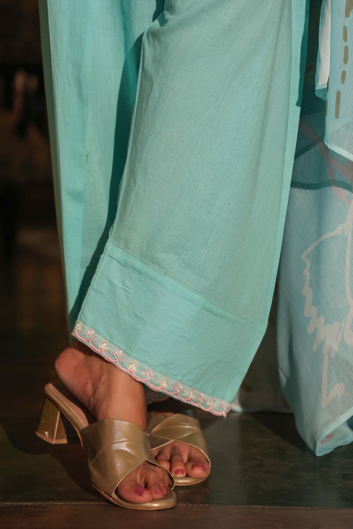 Teal Blue Mul Chanderi Embroidered Farshi Suit Set With Dupatta