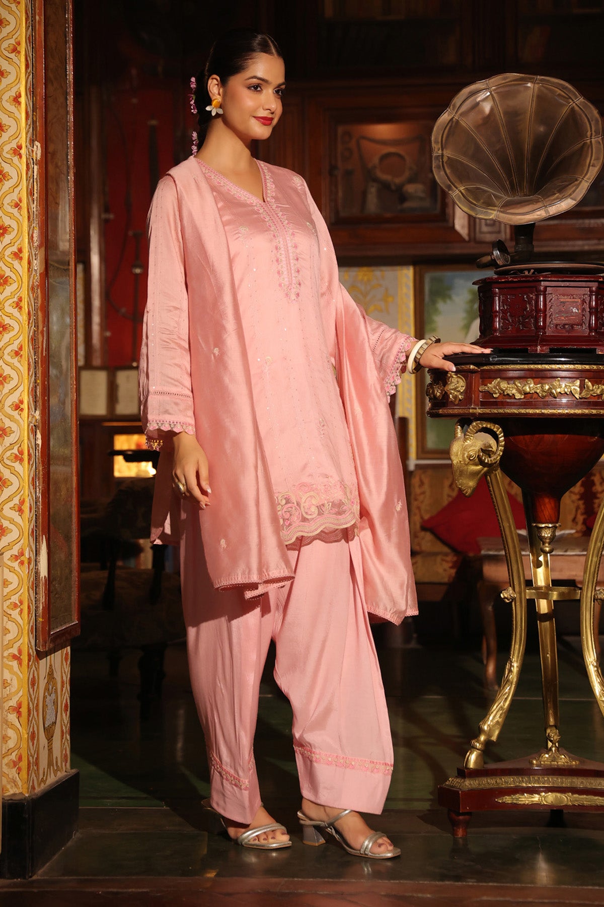 Peach Pink Chanderi Embroidered Farshi Suit Set With Dupatta