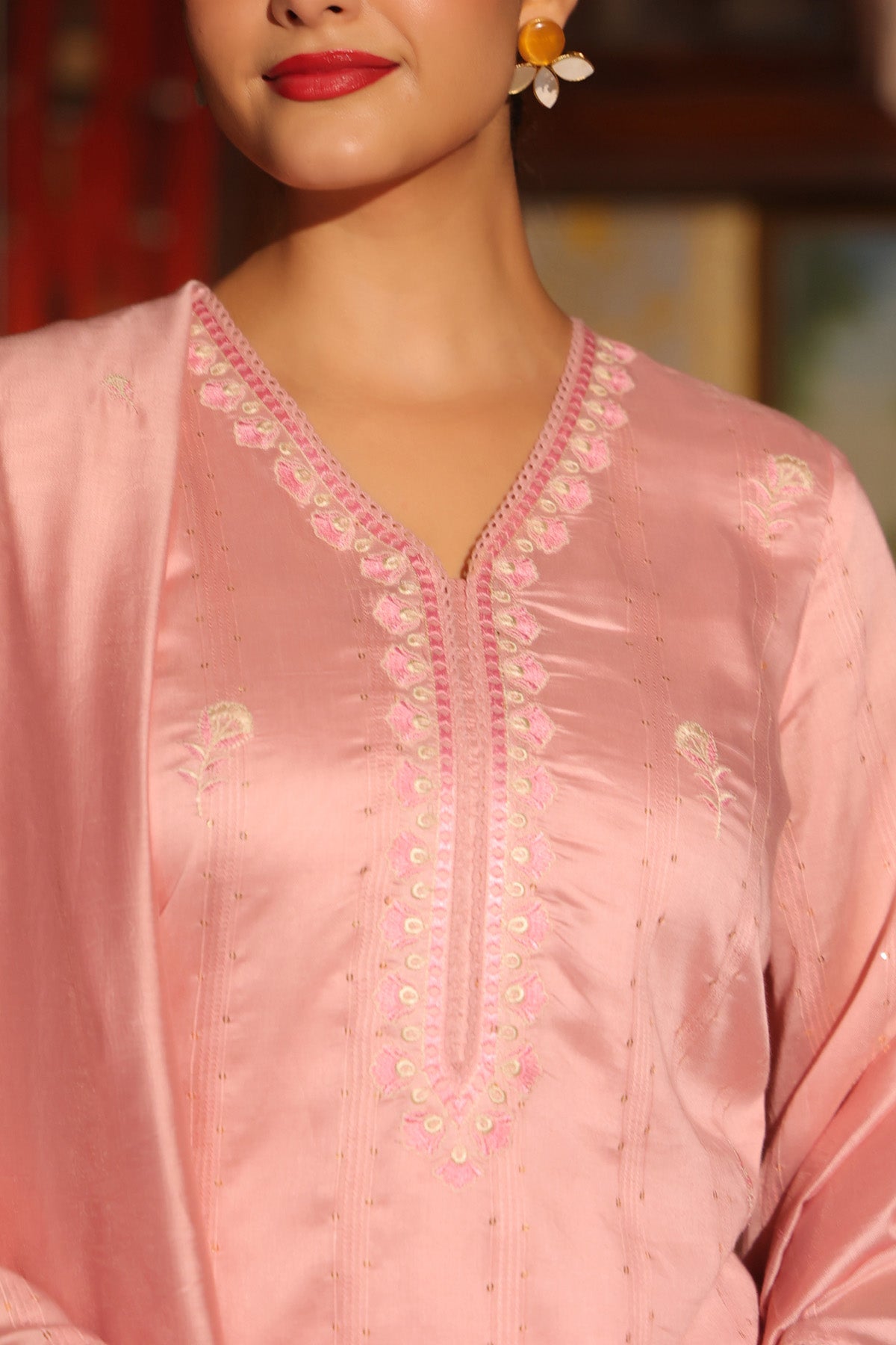 Peach Pink Chanderi Embroidered Farshi Suit Set With Dupatta