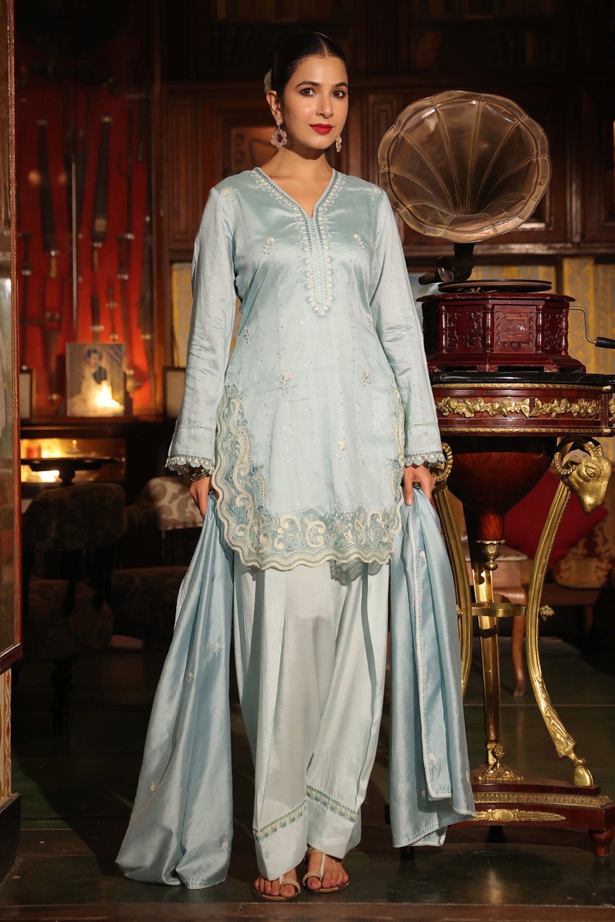 Powder Blue Chanderi Embroidered Farshi Suit Set With Dupatta