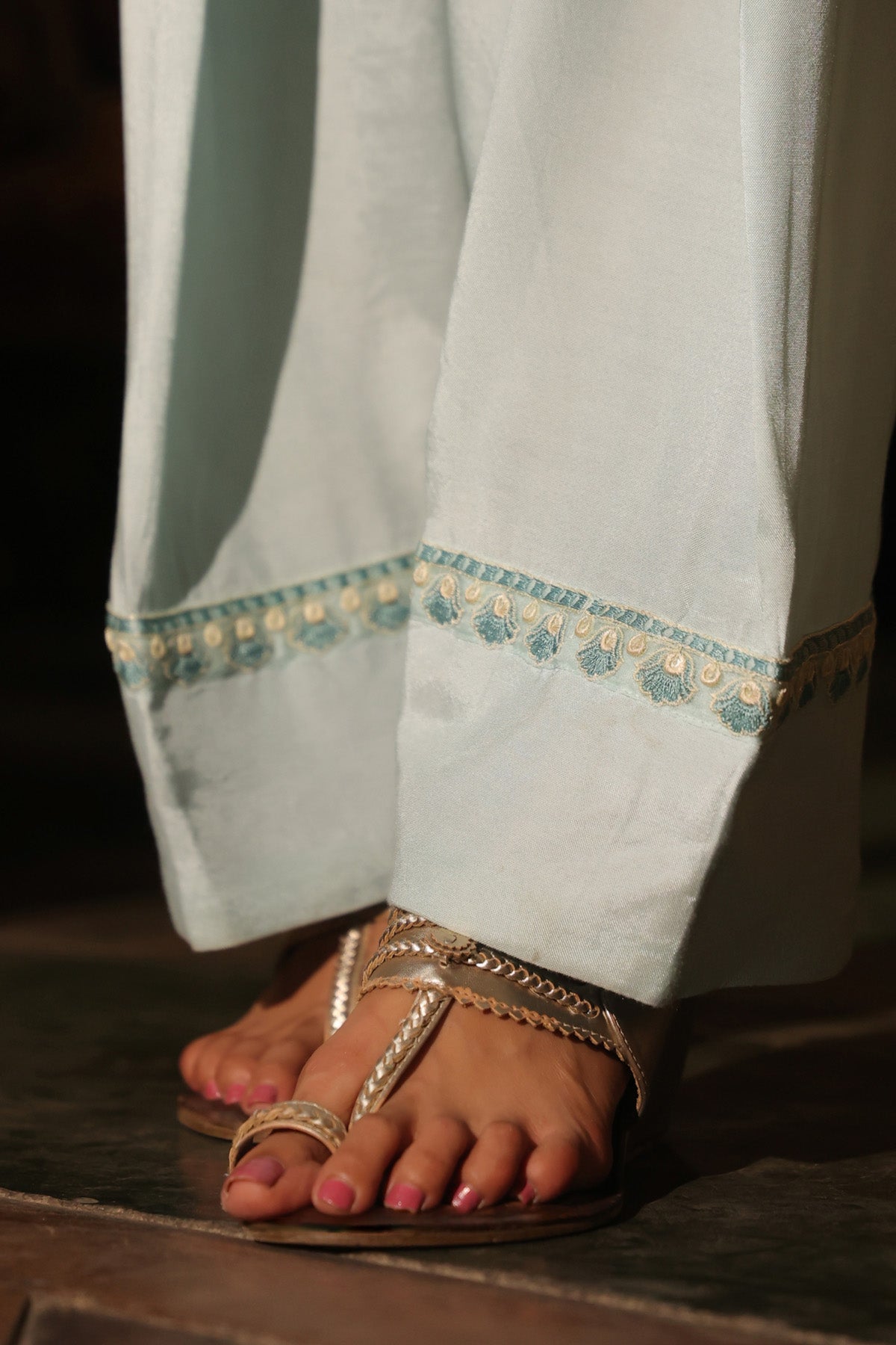 Powder Blue Chanderi Embroidered Farshi Suit Set With Dupatta