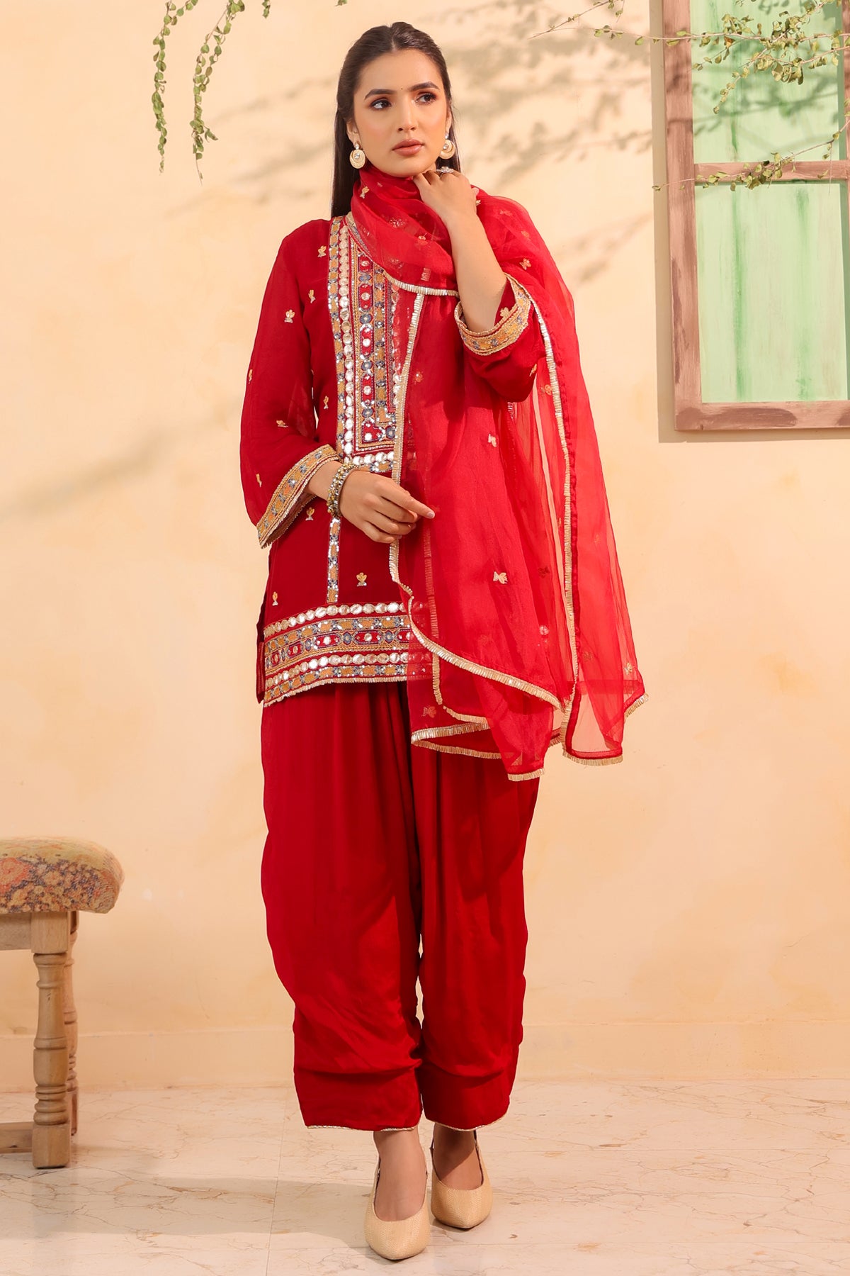 Red Chinon Silk Embroidere Farsi Suit Set With Dupatta
