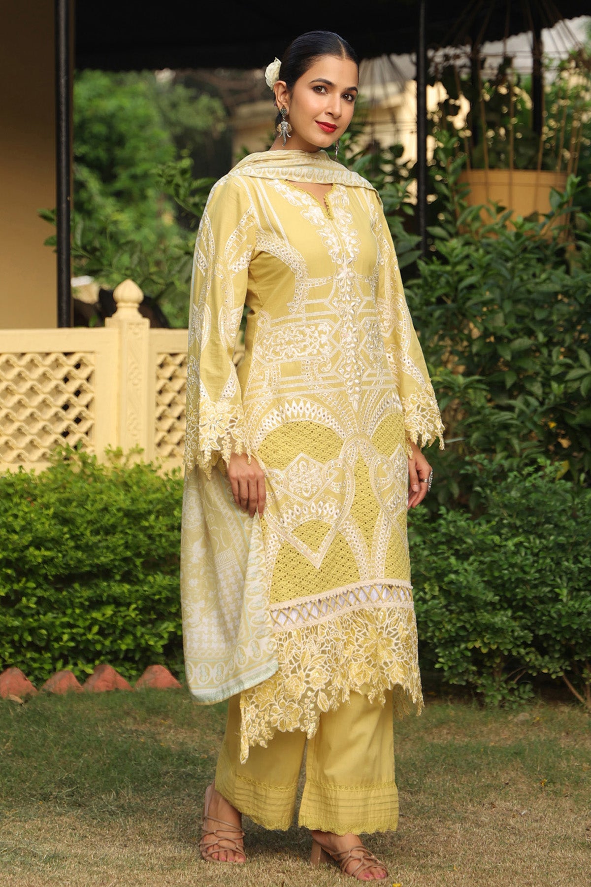 Pastel Yellow Cotton Embroidered Pakistani Straight Suit Set With Dupatta