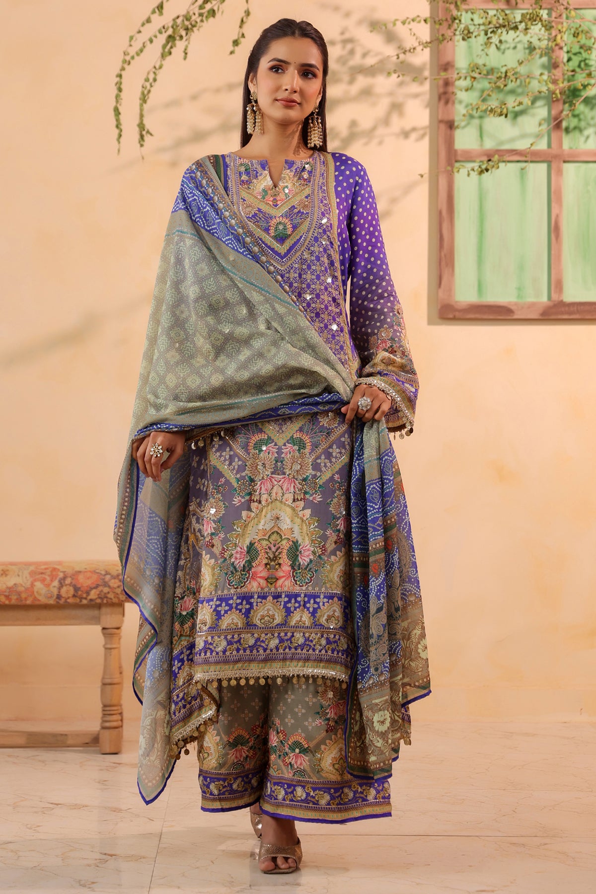 Purple Muslin Embroidered Suit Set