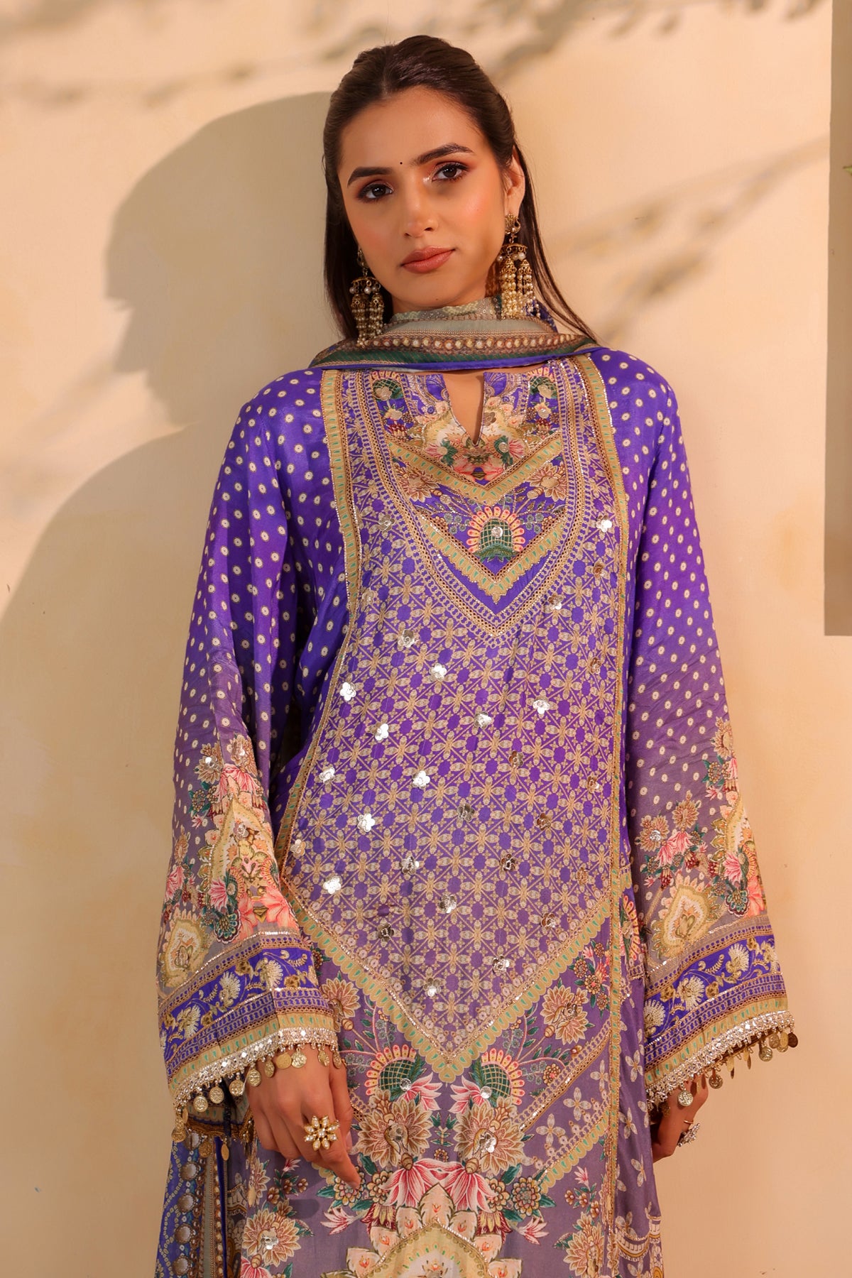 Purple Muslin Embroidered Suit Set
