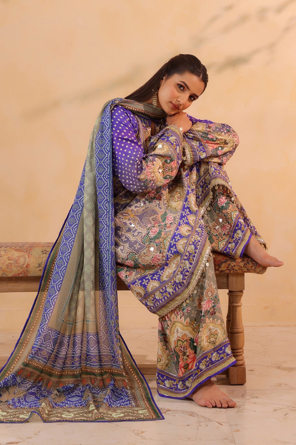 Purple Muslin Embroidered Suit Set