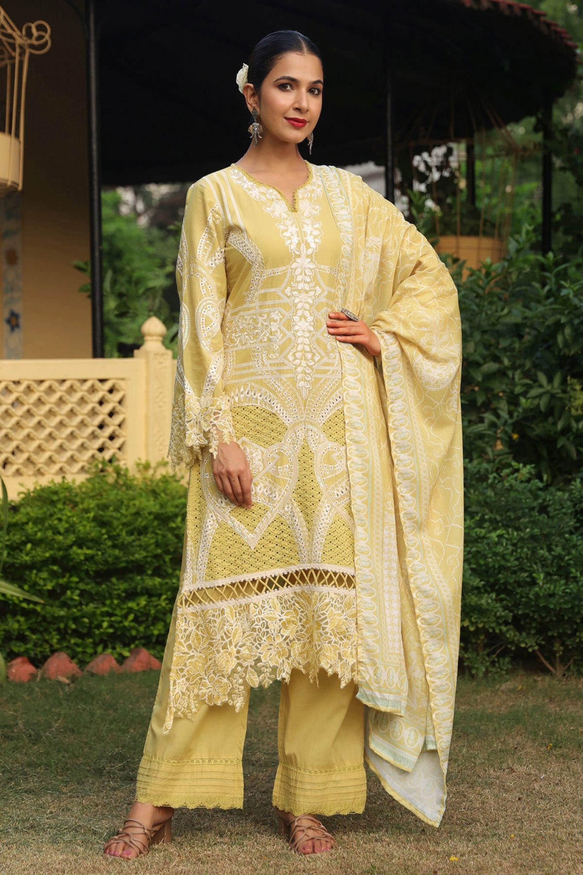 Pastel Yellow Cotton Embroidered Pakistani Straight Suit Set With Dupatta