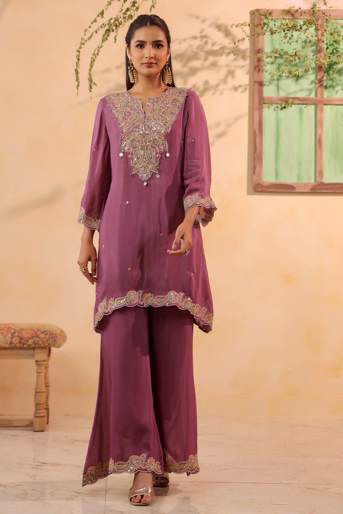 Mauve Chinon Silk Embroidered Suit Set With Dupatta